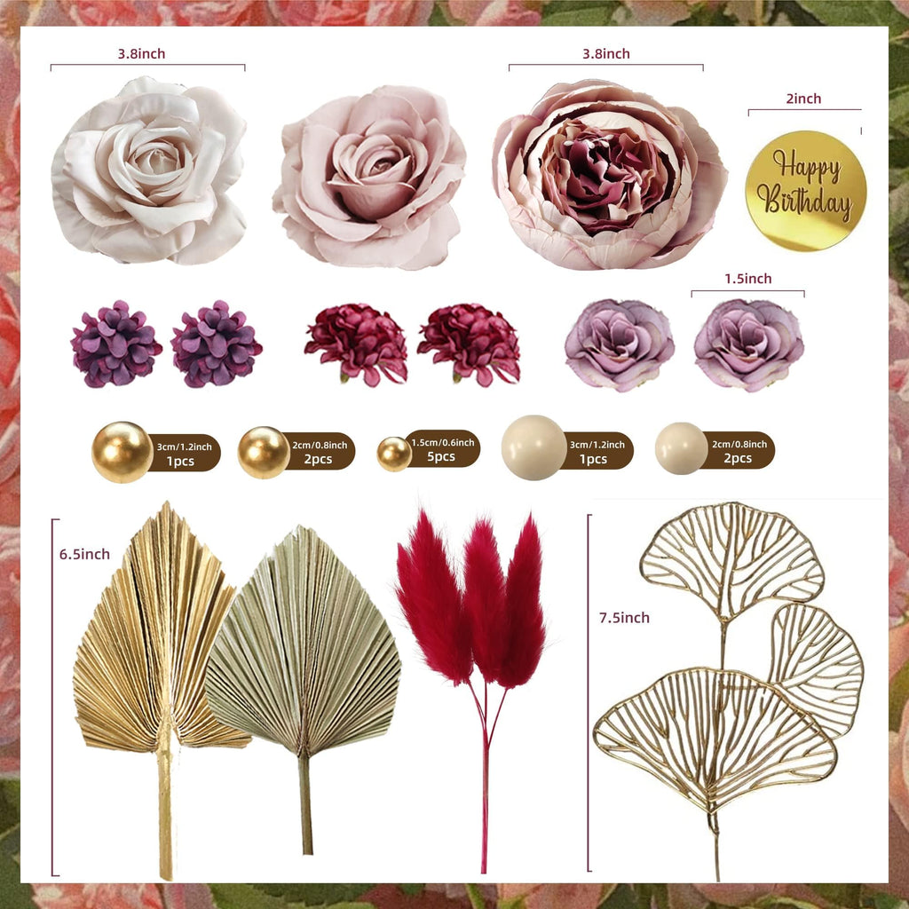 29-Piece Boho Cake Topper Set with Palm Leaves, Burgundy Red Flowers, and Balls for Bohemian Weddings, Baby Showers, Birthday Parties