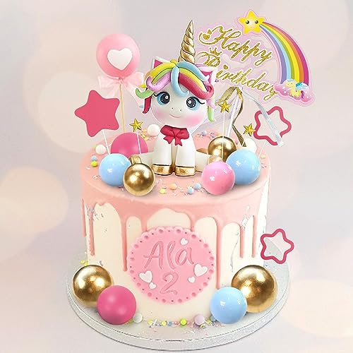29-Piece Unicorn Cake Topper Set with Rainbow, Stars, and Happy Birthday Decor - DRWATE