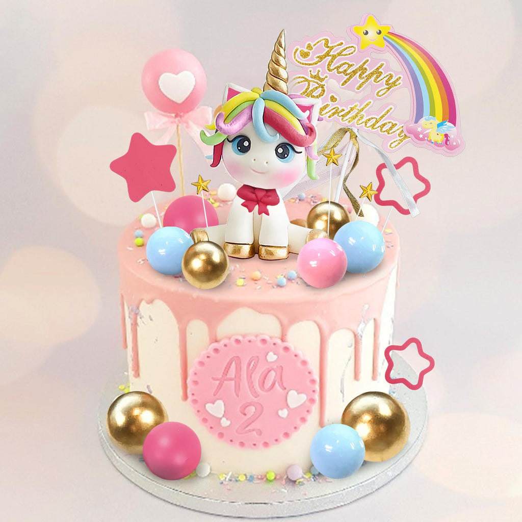 29-Piece Unicorn Cake Topper Set with Rainbow, Stars, and Happy Birthday Decor - DRWATE