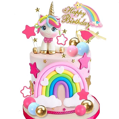 29-Piece Unicorn Cake Topper Set with Rainbow, Stars, and Happy Birthday Decor - DRWATE