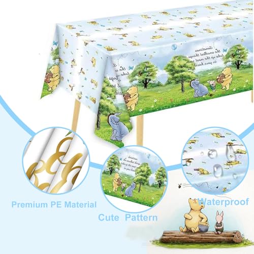 3 Blue Winnie Tablecloths for Baby Shower – Plastic Disposable, 54x108 Inches – Set of 3