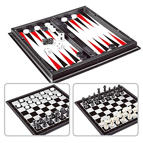 3-in-1 Magnetic Chess Set Travel Board Game – Checkers & Backgammon, Folding 10" Board