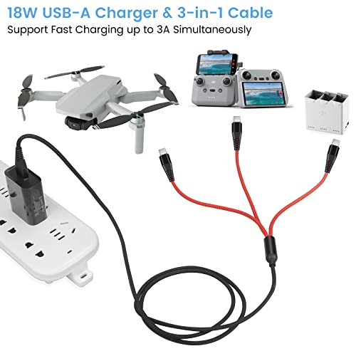 3-in-1 USB-C Fast Charging Cable with 18W Wall Adapter for DJI Drones (Neo, Mini, Air, Mavic) - 4ft Braided