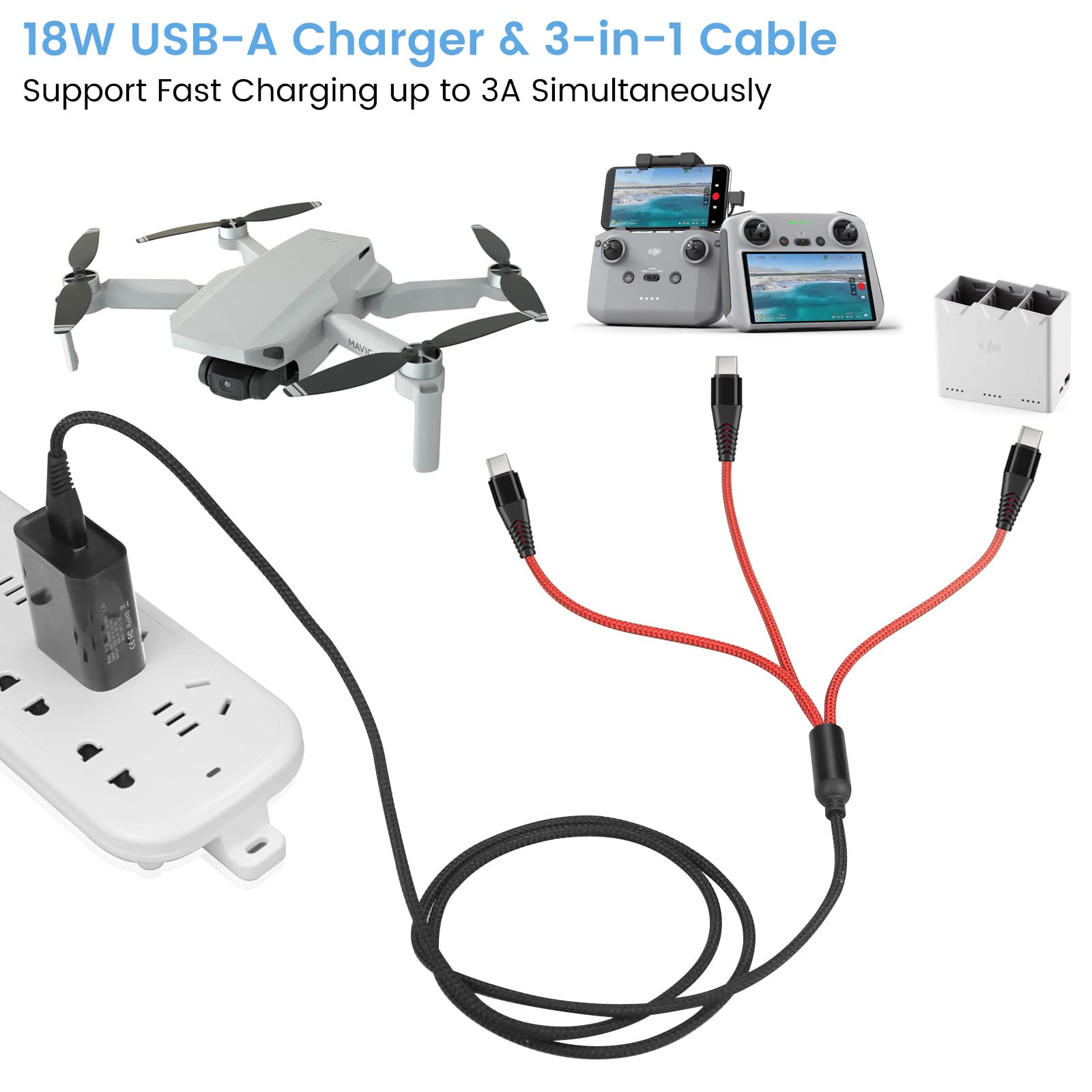 3-in-1 USB-C Fast Charging Cable with 18W Wall Adapter for DJI Drones (Neo, Mini, Air, Mavic) - 4ft Braided