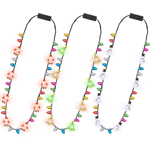 3 Light-Up Christmas Necklaces with 3 Glow Modes – Santa, Snowman & Tree Designs