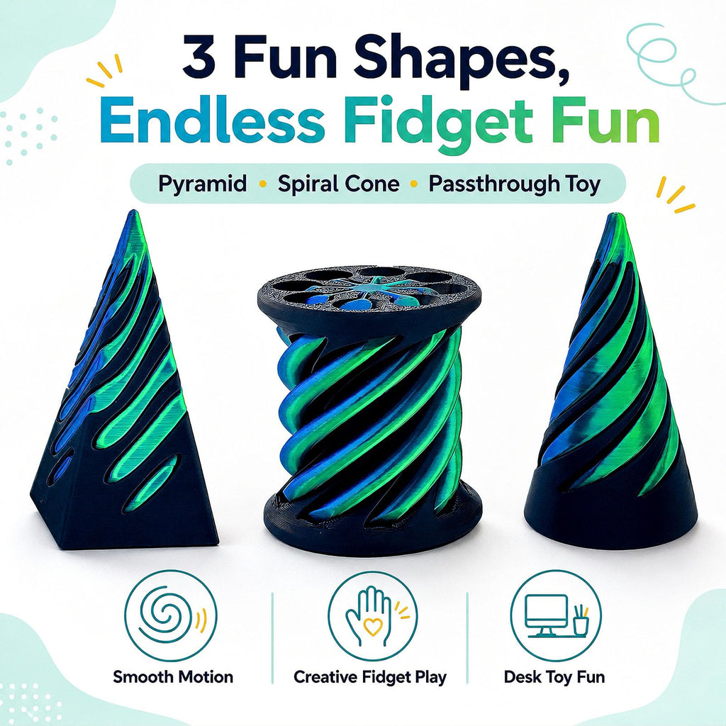 3-Pack 3D Printed Fidget Toys – Impossible Cone, Spiral Cone & Pyramid Passthrough for Stress Relief