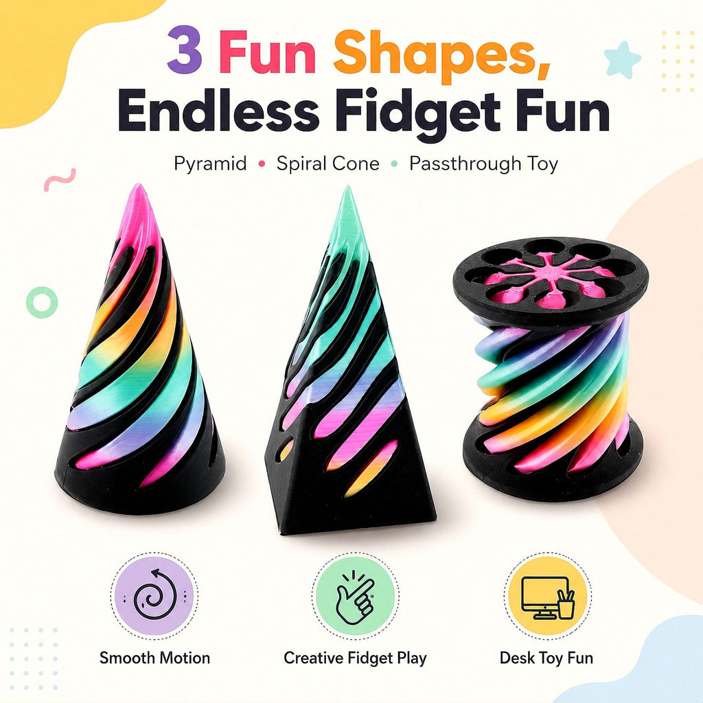 3-Pack 3D Printed Fidget Toys: Impossible Cone, Spiral Cone & Pyramid Passthrough for Stress Relief