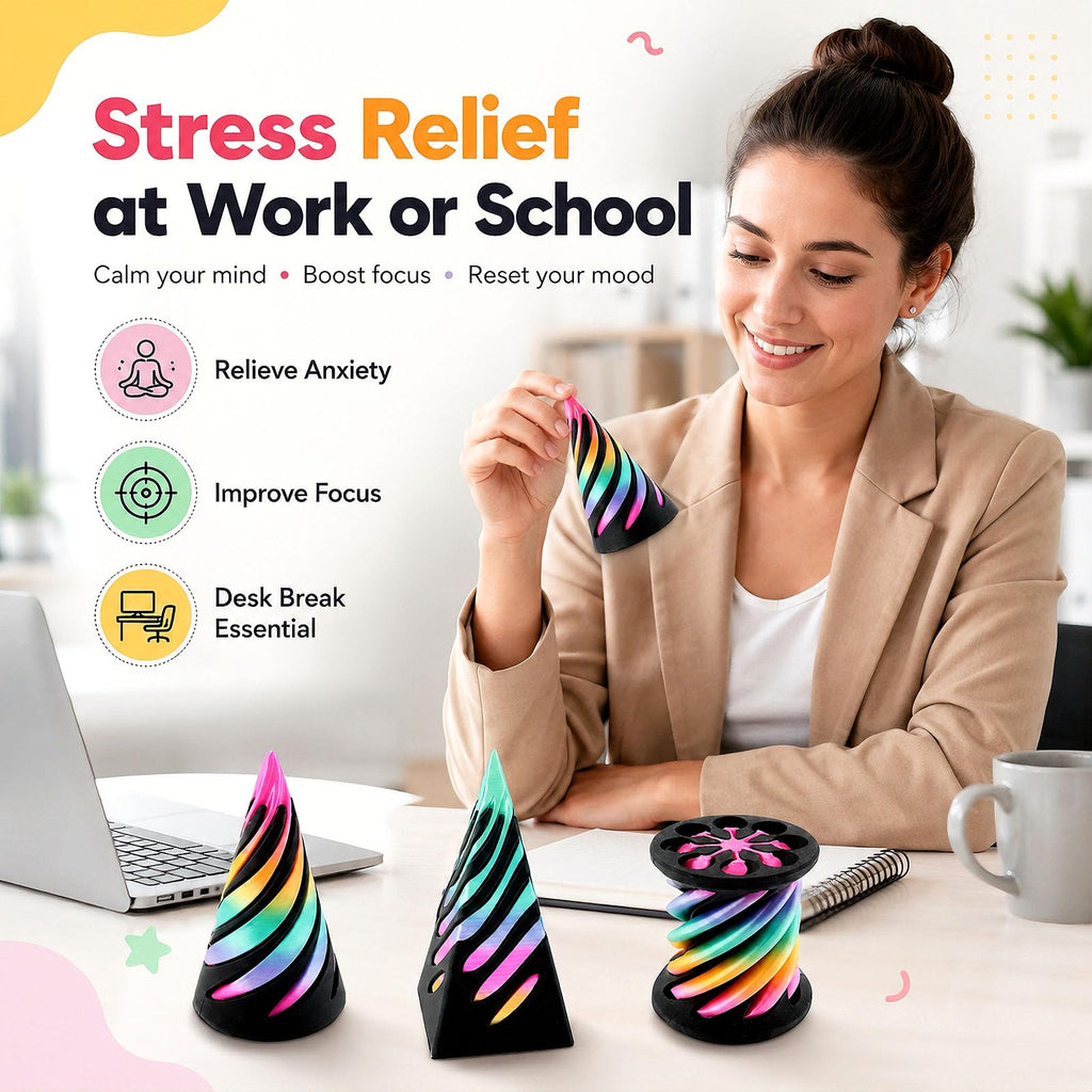 3-Pack 3D Printed Fidget Toys: Impossible Cone, Spiral Cone & Pyramid Passthrough for Stress Relief