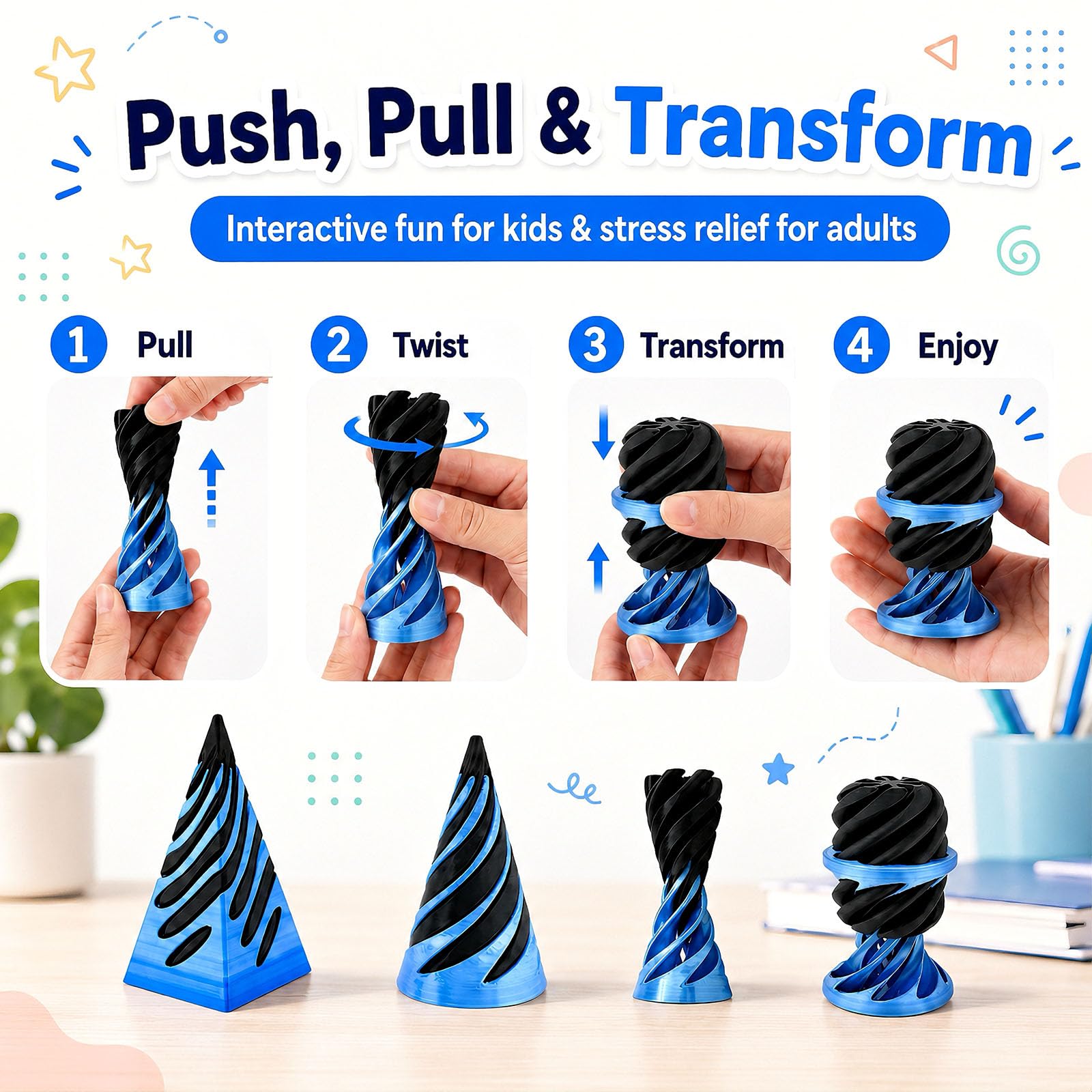 3-Pack 3D Printed Fidget Toys: Impossible Cone, Spiral Cone & Pyramid Passthrough for Stress Relief