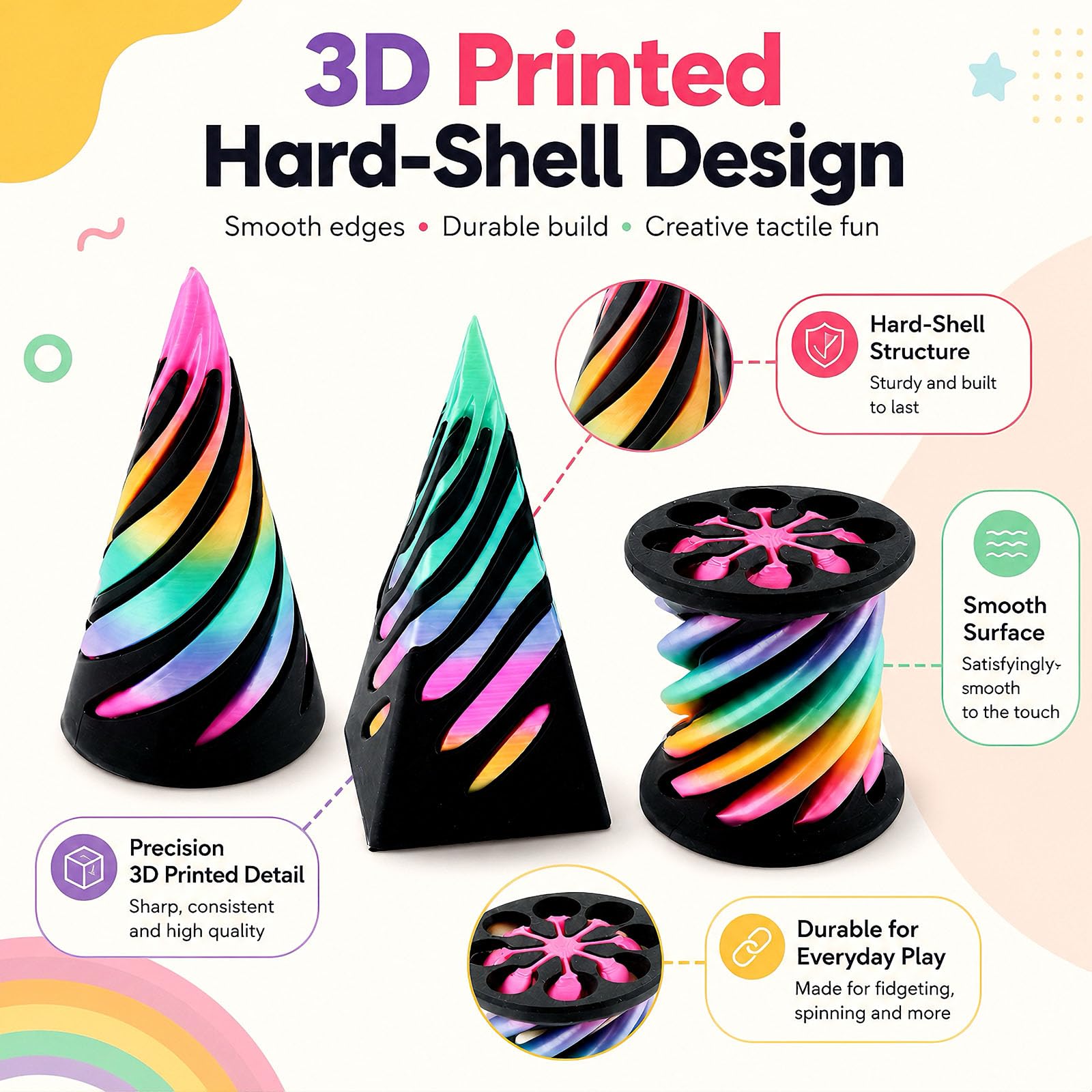 3-Pack 3D Printed Fidget Toys – Impossible Cone, Spiral Cone & Pyramid Passthrough for Stress Relief