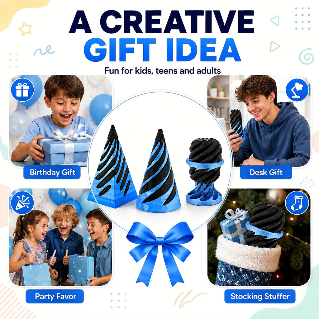 3-Pack 3D Printed Fidget Toys: Impossible Cone, Spiral Cone, Pyramid Passthrough & Mini Vortex Illusion for Stress Relief