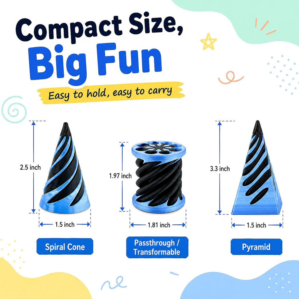 3-Pack 3D Printed Fidget Toys: Impossible Cone, Spiral Cone, Pyramid Passthrough & Mini Vortex Illusion for Stress Relief