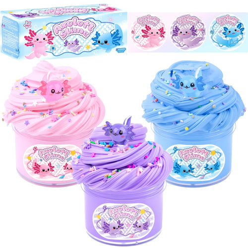 3-Pack Axolotl Butter Slime Kit – Soft Non-Sticky Pink Blue Purple Slime with Charms, Party Favors for Kids