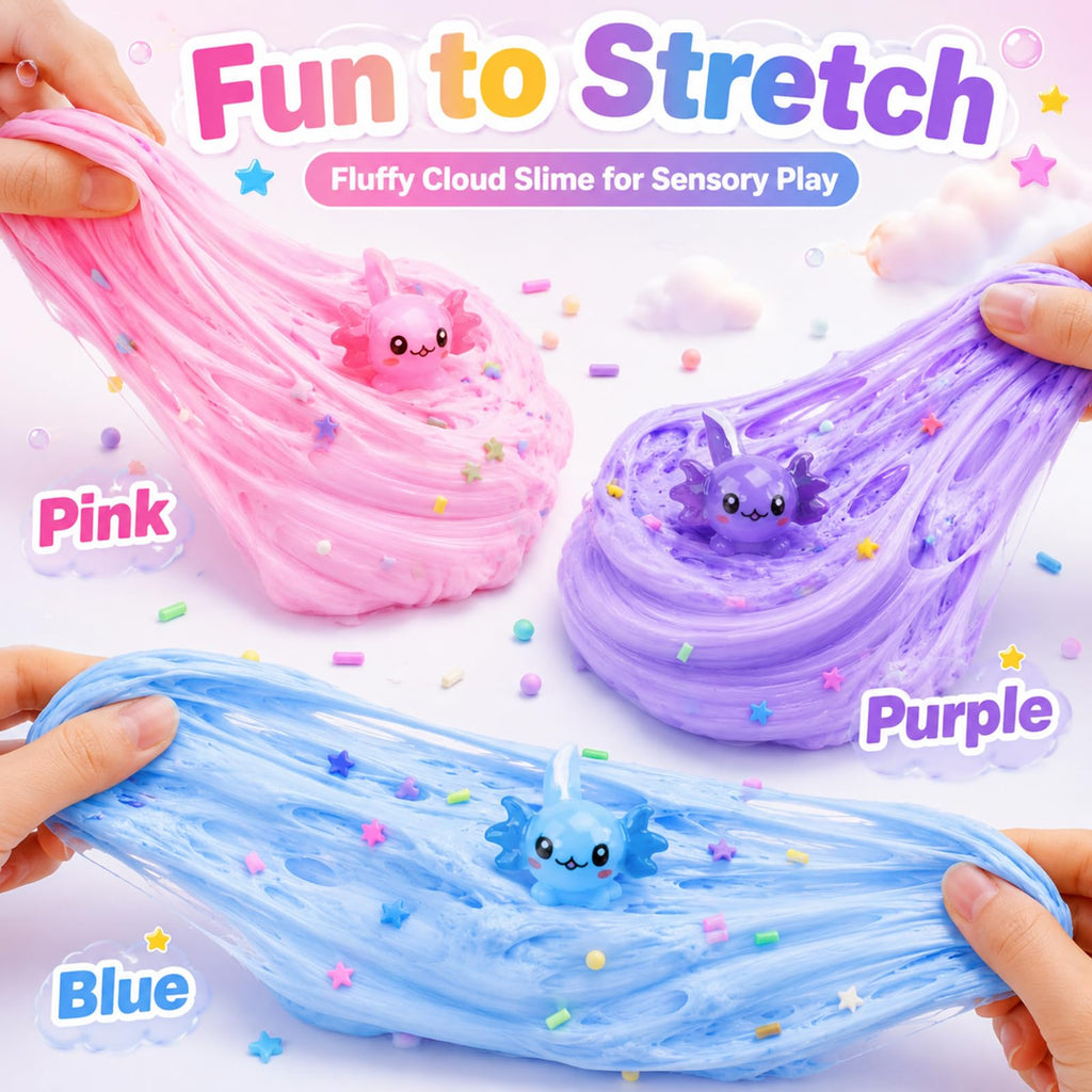 3-Pack Axolotl Butter Slime Kit – Soft Non-Sticky Pink Blue Purple Slime with Charms, Party Favors for Kids