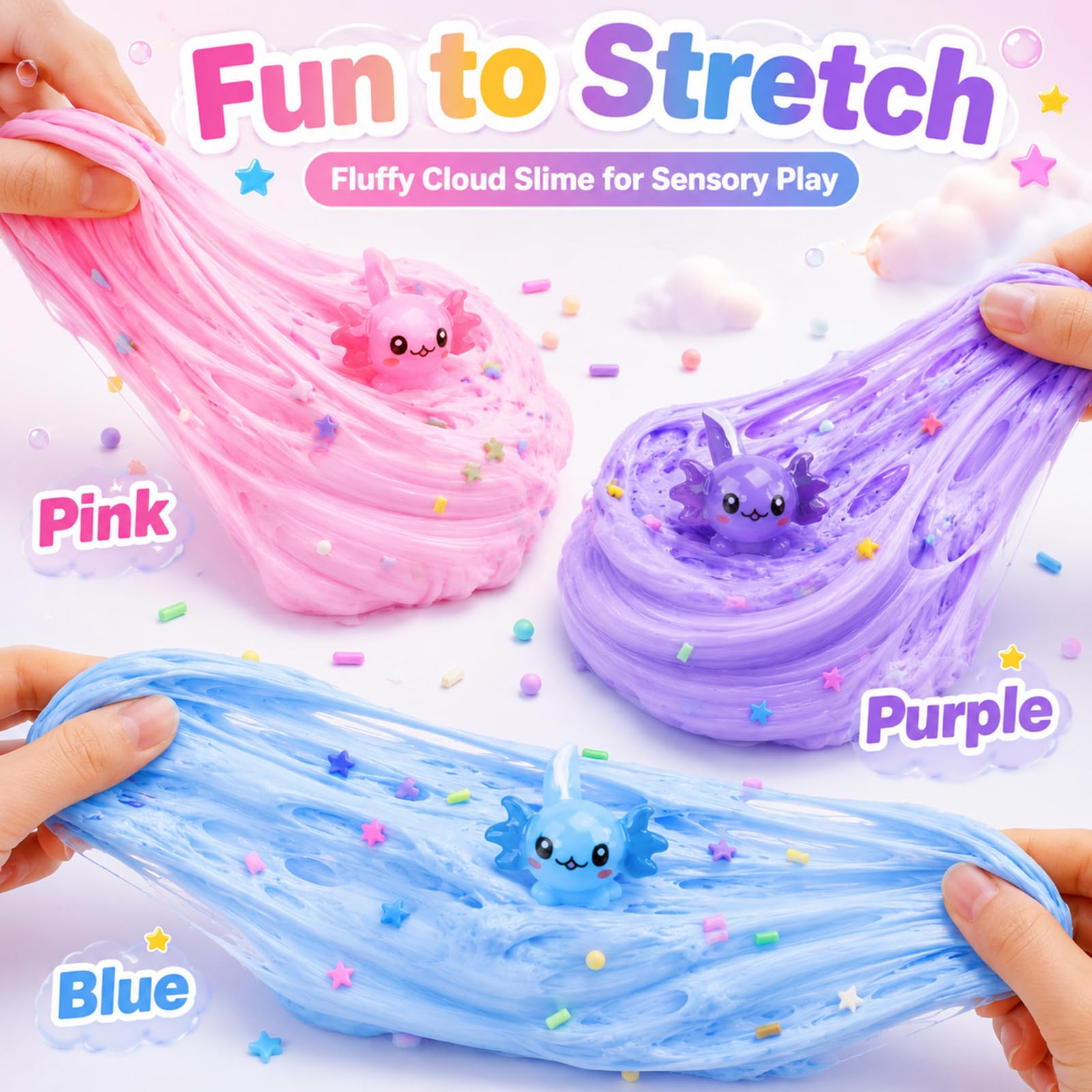 3-Pack Axolotl Butter Slime Kit – Soft Non-Sticky Pink Blue Purple Slime with Charms, Party Favors for Kids