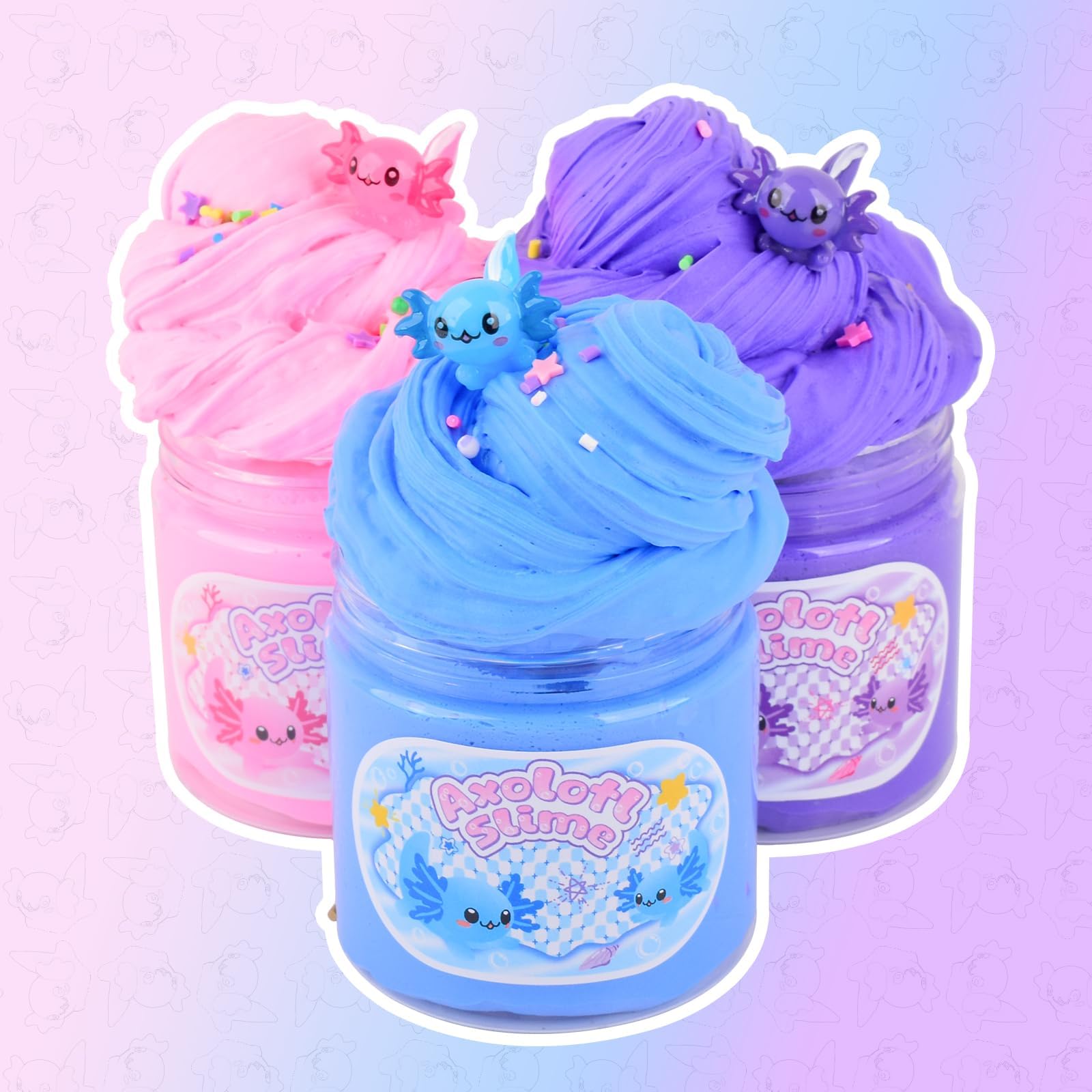 3-Pack Axolotl Butter Slime Kit – Soft Non-Sticky Pink Blue Purple Slime with Charms, Party Favors for Kids