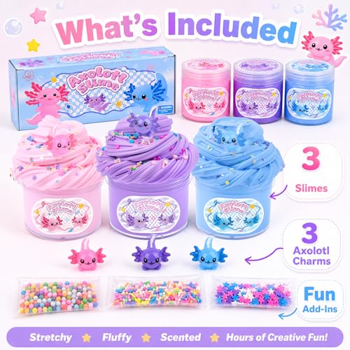3-Pack Axolotl Butter Slime Kit – Soft Non-Sticky Pink Blue Purple Slime with Charms, Party Favors for Kids