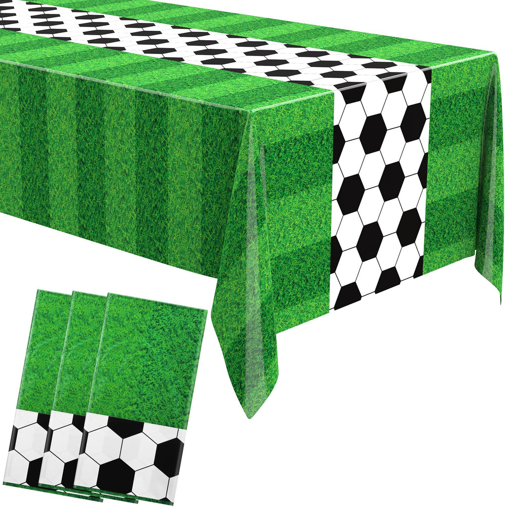 3-Pack Buryeah Soccer Party Tablecloths - Disposable Plastic Table Covers, 54 x 108 Inches, Green Grass Pattern for Tailgate and Sports Themes
