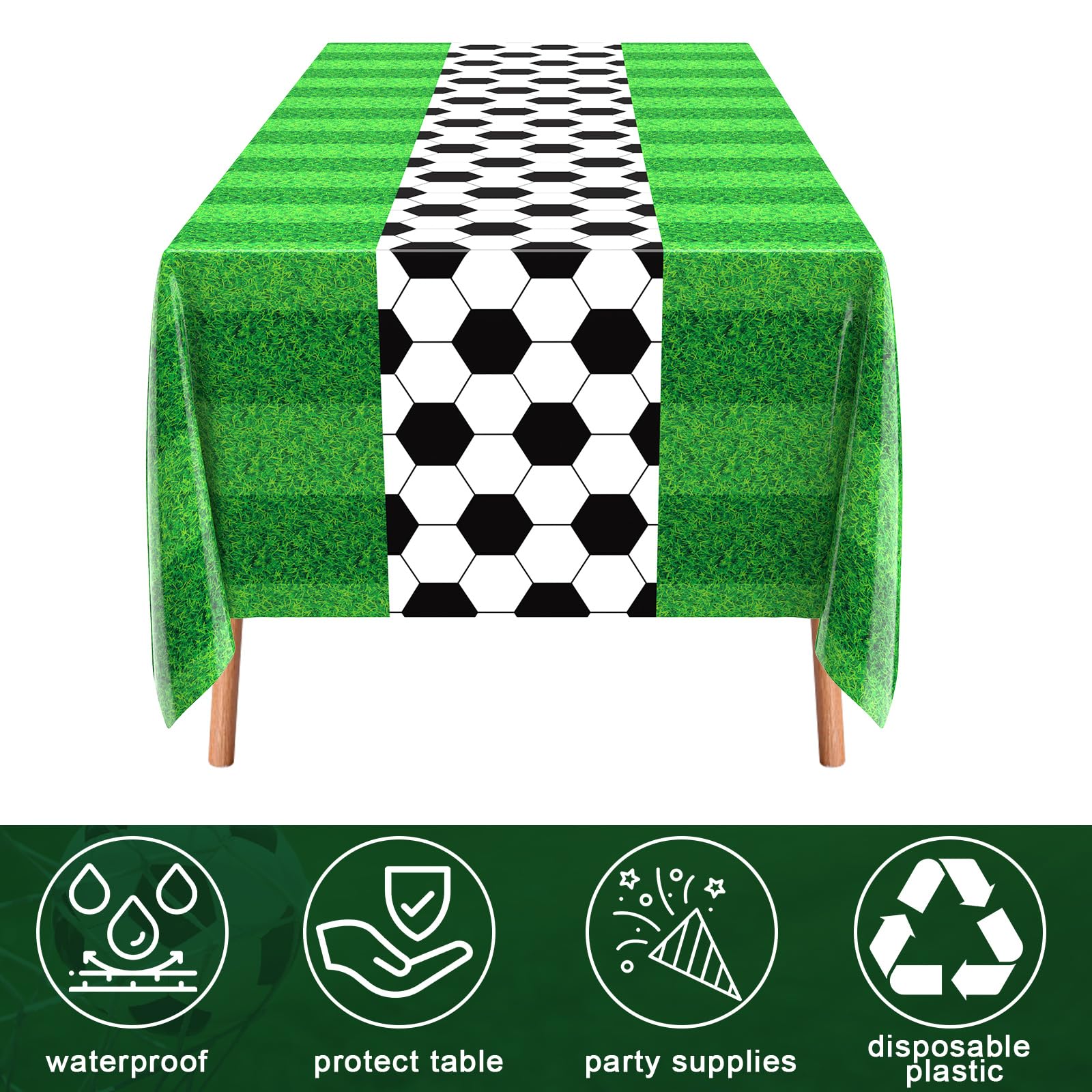 3-Pack Buryeah Soccer Party Tablecloths - Disposable Plastic Table Covers, 54 x 108 Inches, Green Grass Pattern for Tailgate and Sports Themes