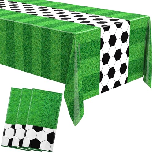 3-Pack Buryeah Soccer Party Tablecloths - Disposable Plastic Table Covers, 54 x 108 Inches, Green Grass Pattern for Tailgate and Sports Themes