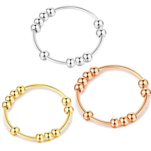 3-Pack Fidget Rings for Anxiety – Moveable Bead Spinner Rings in Stainless Steel (Silver, Gold, Rose Gold)