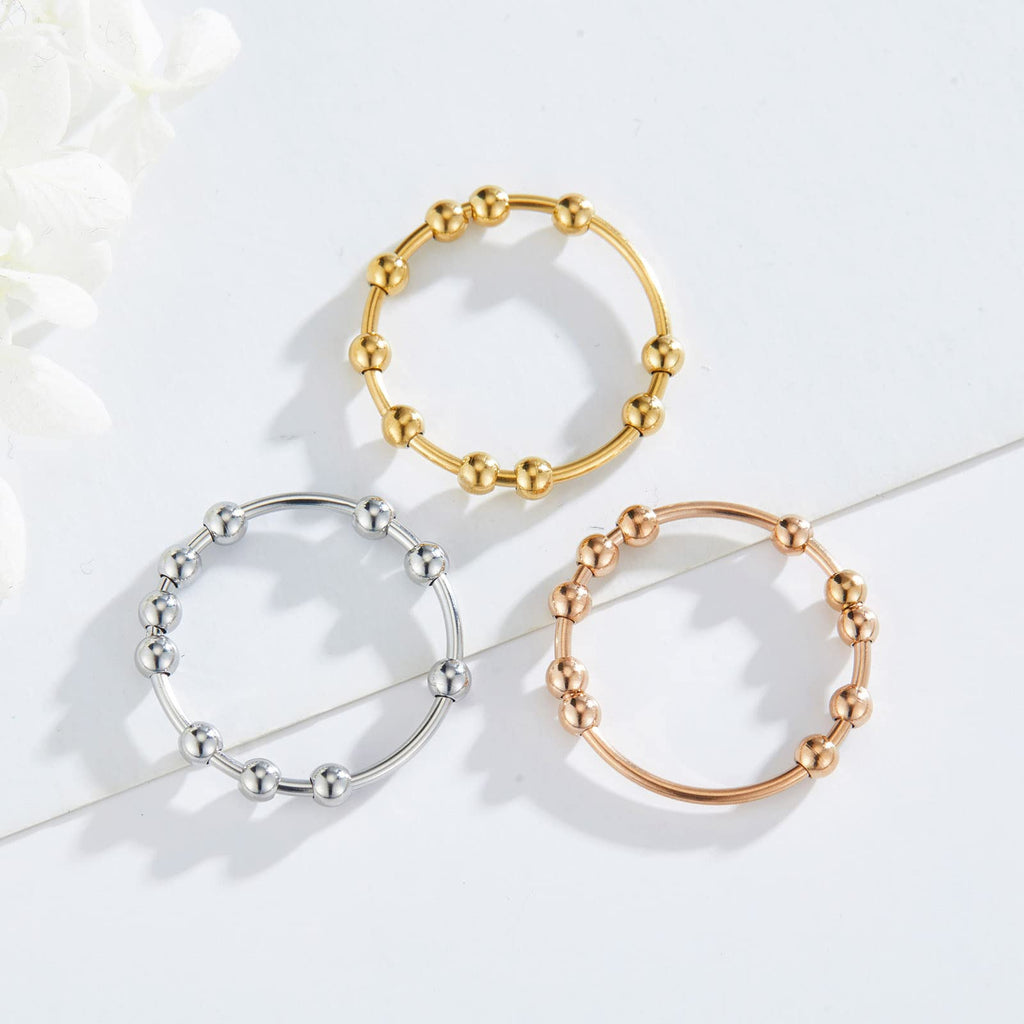 3-Pack Fidget Rings for Anxiety – Stainless Steel Spinner Rings with Moving Beads (Silver, Gold, Rose Gold)