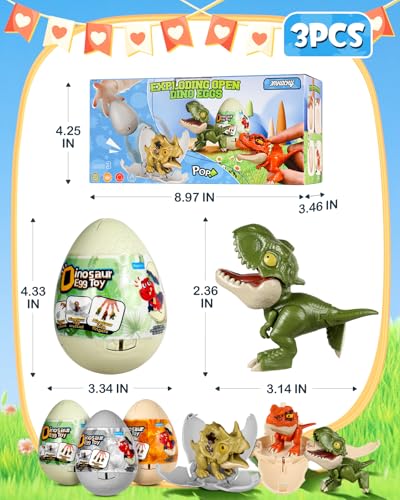 3 Pack Jumbo Dinosaur Eggs – Drop to Hatch Pop-Open Toys for Boys 3-10, Easter Basket Stuffer