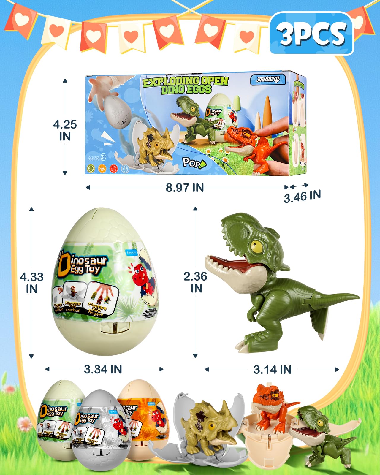 3 Pack Jumbo Dinosaur Eggs – Drop to Hatch Pop-Open Toys for Boys 3-10, Easter Basket Stuffer
