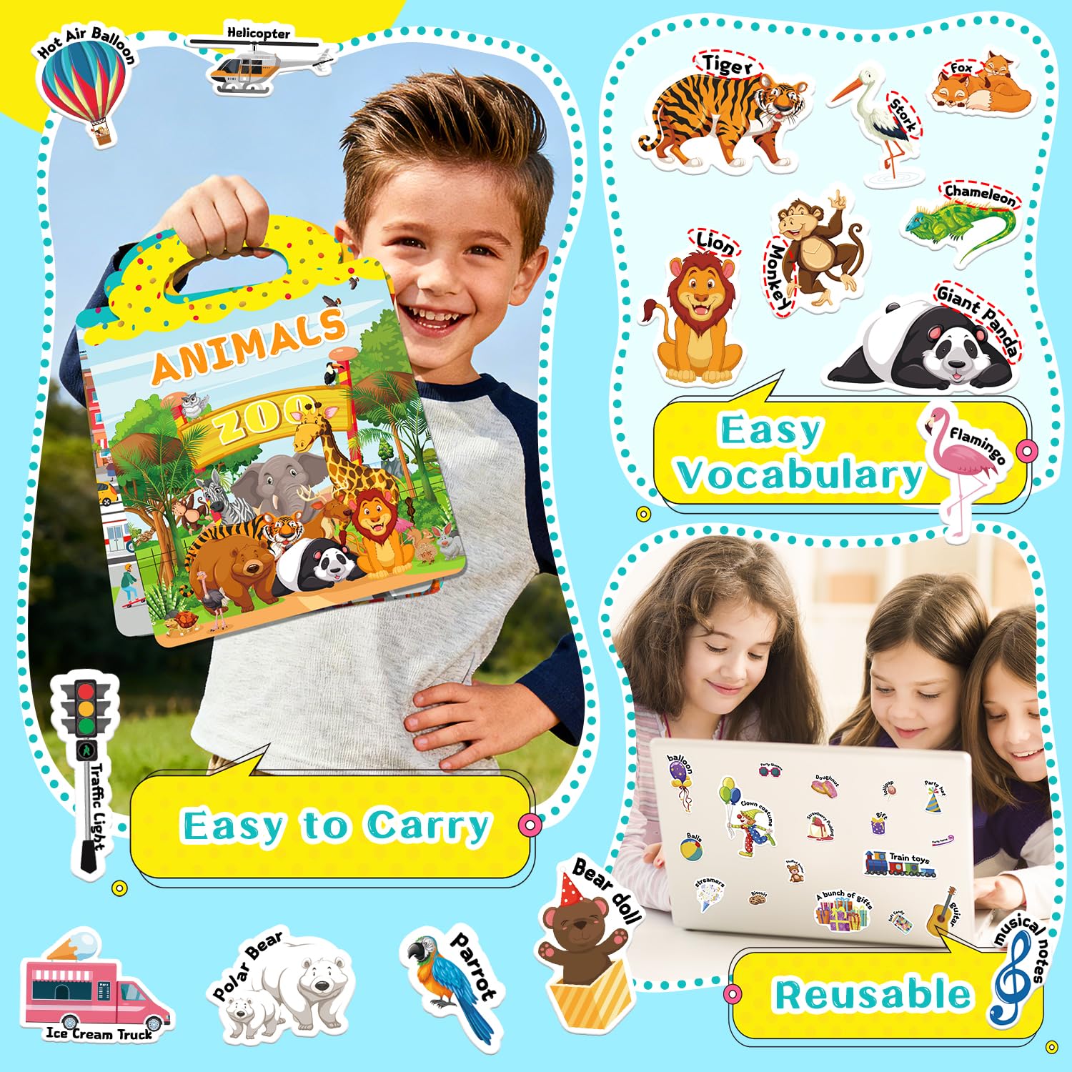 3-Pack Reusable Silicone Sticker Books for Toddlers 3-6 – Animal, Car & Party Themes – 130+ Stickers – Travel Activity Toy