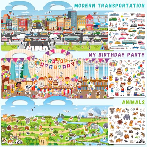 3-Pack Reusable Silicone Sticker Books for Toddlers 3-6 – Animal, Car & Party Themes – 130+ Stickers – Travel Activity Toy