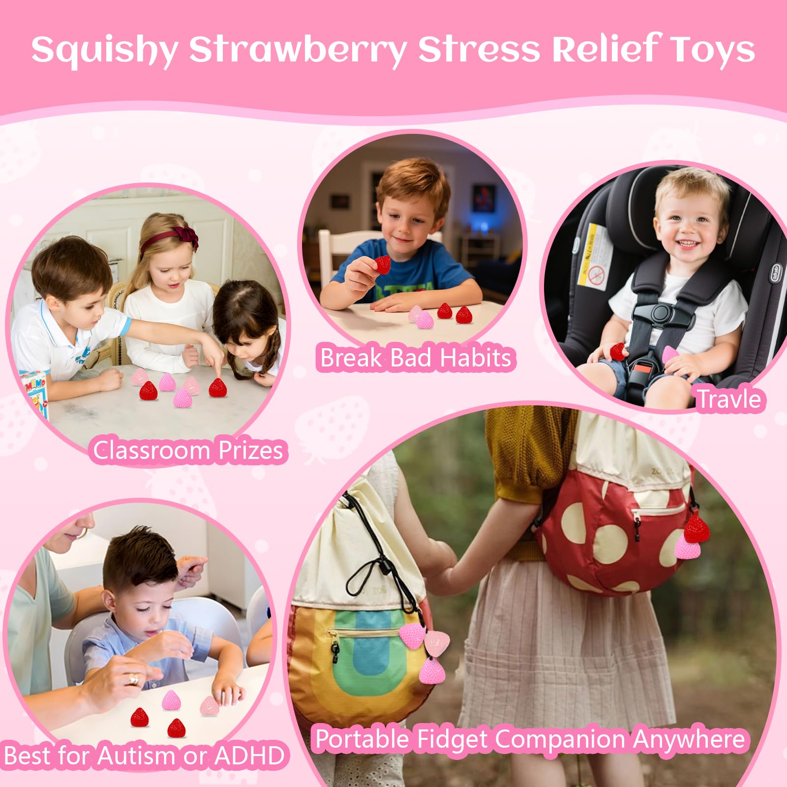 3-Pack Strawberry Squishy Stress Relief Toys by ISEN - Cute Fidget Toy for Kids Ages 4-12, Party Favors
