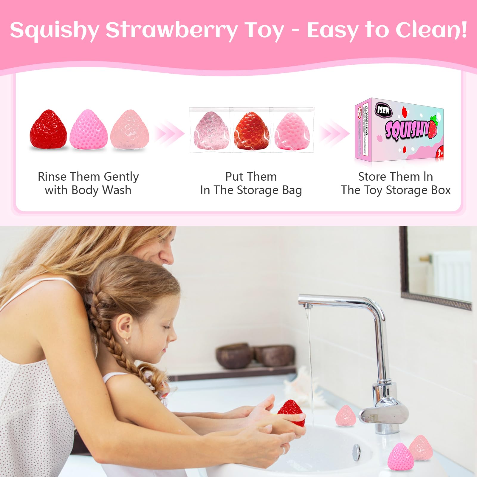 3-Pack Strawberry Squishy Stress Relief Toys by ISEN - Cute Fidget Toy for Kids Ages 4-12, Party Favors