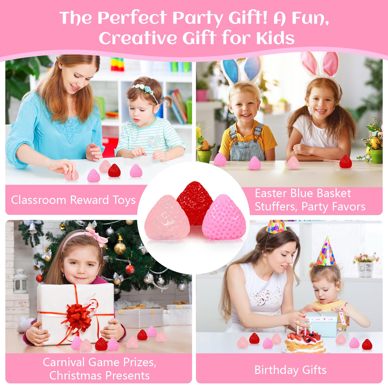 3-Pack Strawberry Squishy Stress Relief Toys by ISEN - Cute Fidget Toy for Kids Ages 4-12, Party Favors