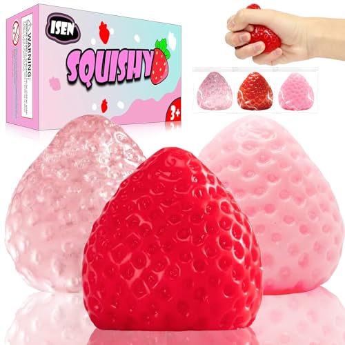3-Pack Strawberry Squishy Stress Relief Toys by ISEN - Cute Fidget Toy for Kids Ages 4-12, Party Favors