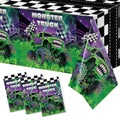 3-Pack Wakeys Monster Truck Tablecloths – Purple & Green Glitter, 54x108 Inch Plastic Disposable Rectangle Party Covers