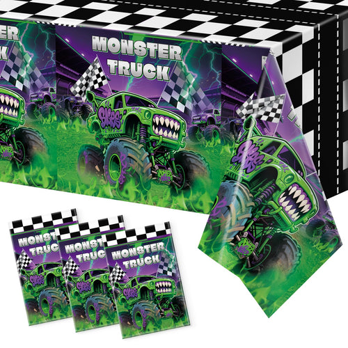 3-Pack Wakeys Monster Truck Tablecloths – Purple & Green Glitter, 54x108 Inch Plastic Disposable Rectangle Party Covers