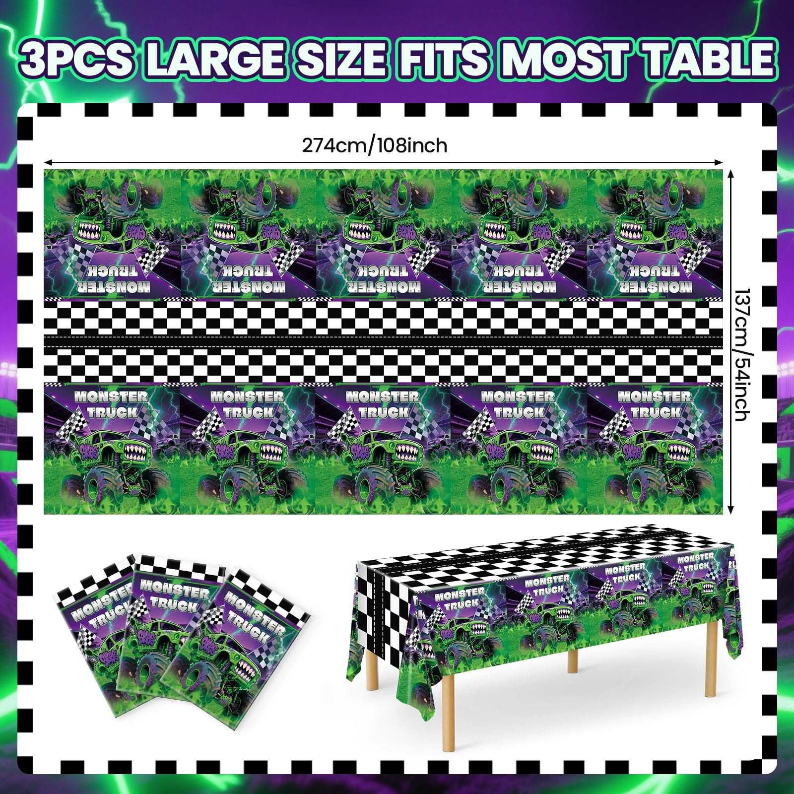 3-Pack Wakeys Monster Truck Tablecloths – Purple & Green Glitter, 54x108 Inch Plastic Disposable Rectangle Party Covers