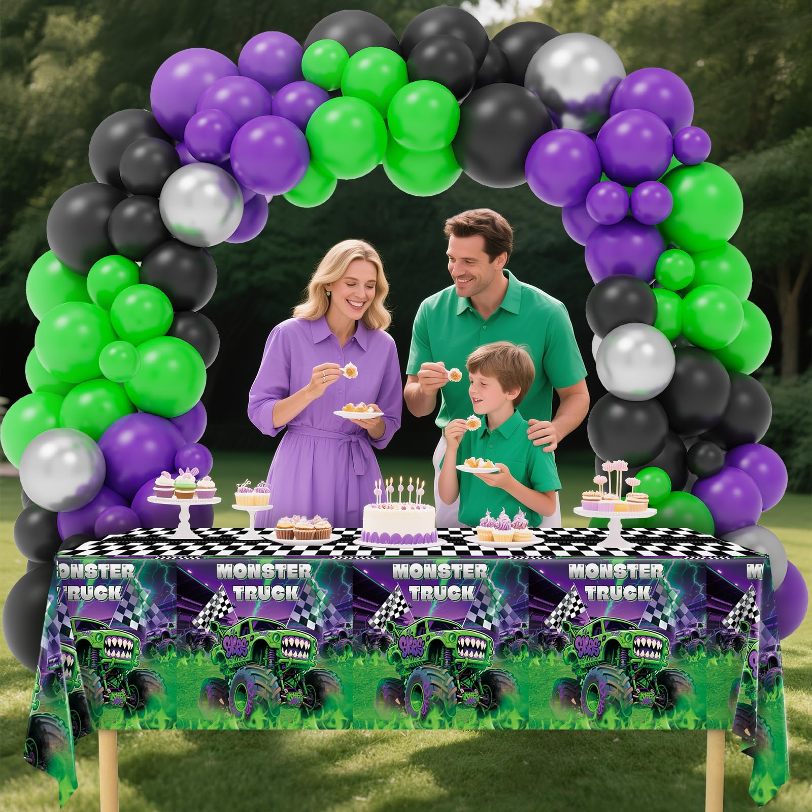 3-Pack Wakeys Monster Truck Tablecloths – Purple & Green Glitter, 54x108 Inch Plastic Disposable Rectangle Party Covers