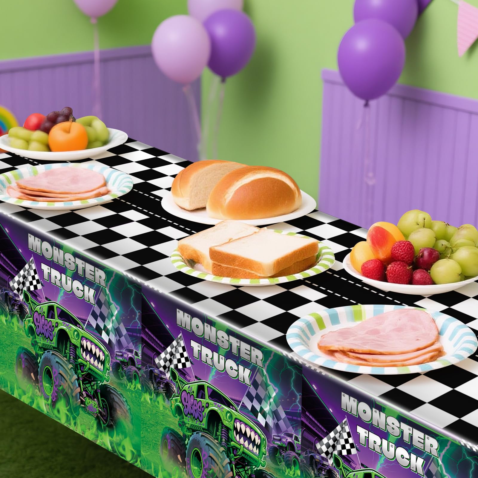 3-Pack Wakeys Monster Truck Tablecloths – Purple & Green Glitter, 54x108 Inch Plastic Disposable Rectangle Party Covers