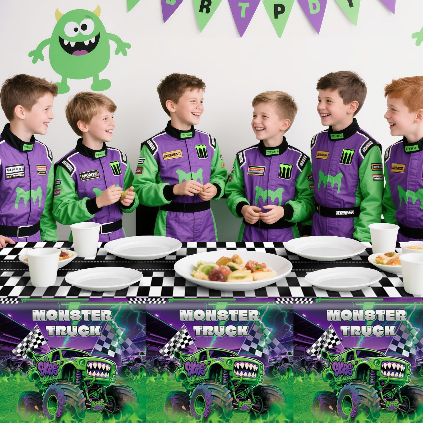 3-Pack Wakeys Monster Truck Tablecloths – Purple & Green Glitter, 54x108 Inch Plastic Disposable Rectangle Party Covers