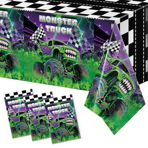 3-Pack Wakeys Monster Truck Tablecloths – Purple & Green Glitter, 54x108 Inch Plastic Disposable Rectangle Party Covers
