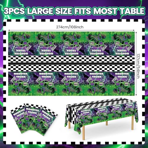 3-Pack Wakeys Monster Truck Tablecloths – Purple & Green Glitter, 54x108 Inch Plastic Disposable Rectangle Party Covers