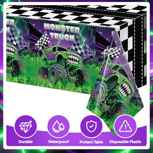 3-Pack Wakeys Monster Truck Tablecloths – Purple & Green Glitter, 54x108 Inch Plastic Disposable Rectangle Party Covers