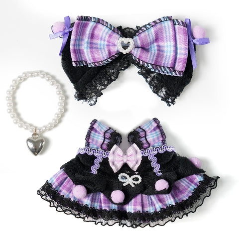 3-Piece 17cm Doll Outfit Set: Dress, Bow Clips & Necklace – Floral Lace Design