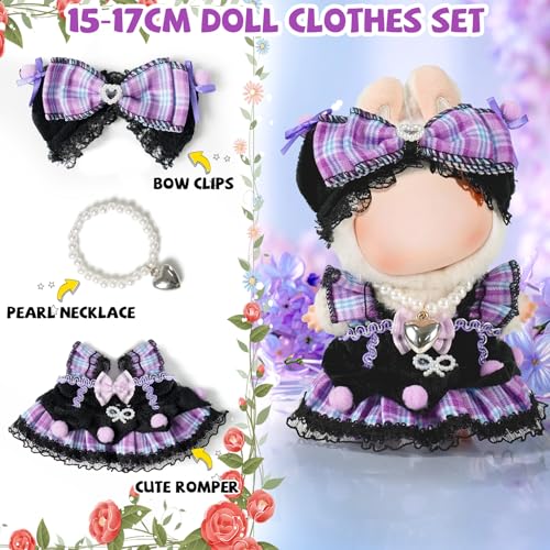 3-Piece 17cm Doll Outfit Set: Dress, Bow Clips & Necklace – Floral Lace Design