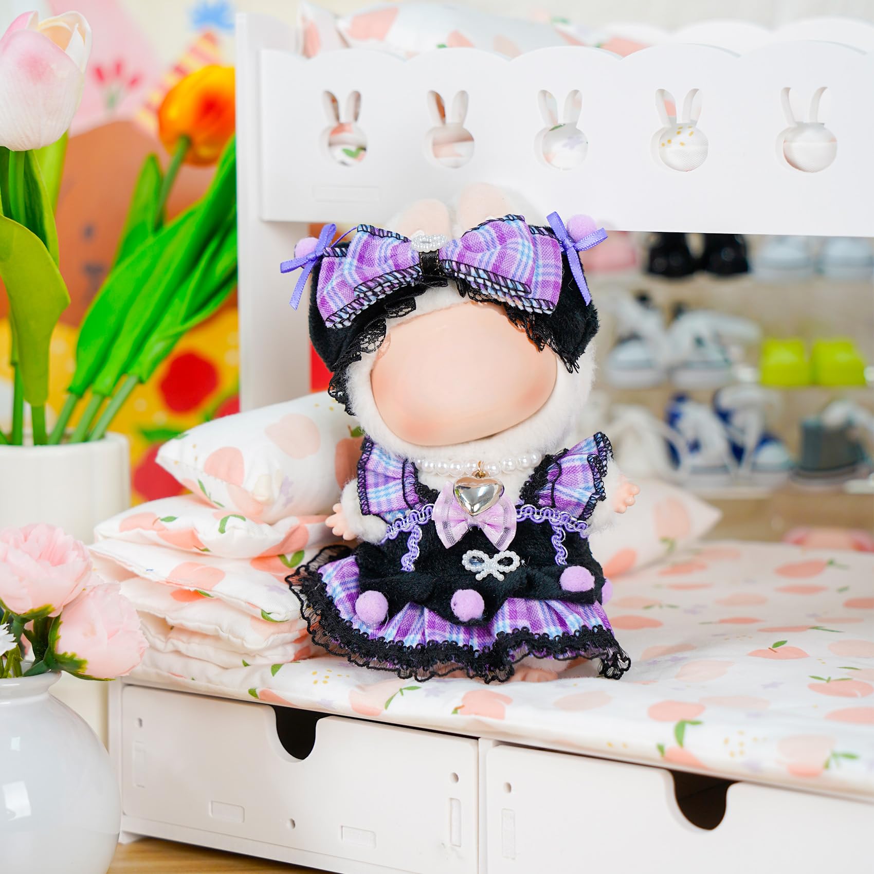 3-Piece 17cm Doll Outfit Set: Dress, Bow Clips & Necklace – Floral Lace Design