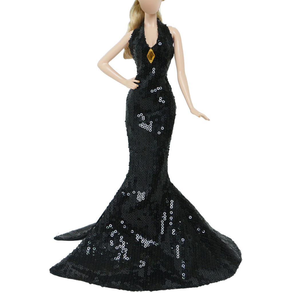 3-Piece Black Doll Wedding Dresses for 11.5 Inch Dolls - Handmade Sequins Gown, Off-Shoulder Dress & Skirt Set by BJDBUS