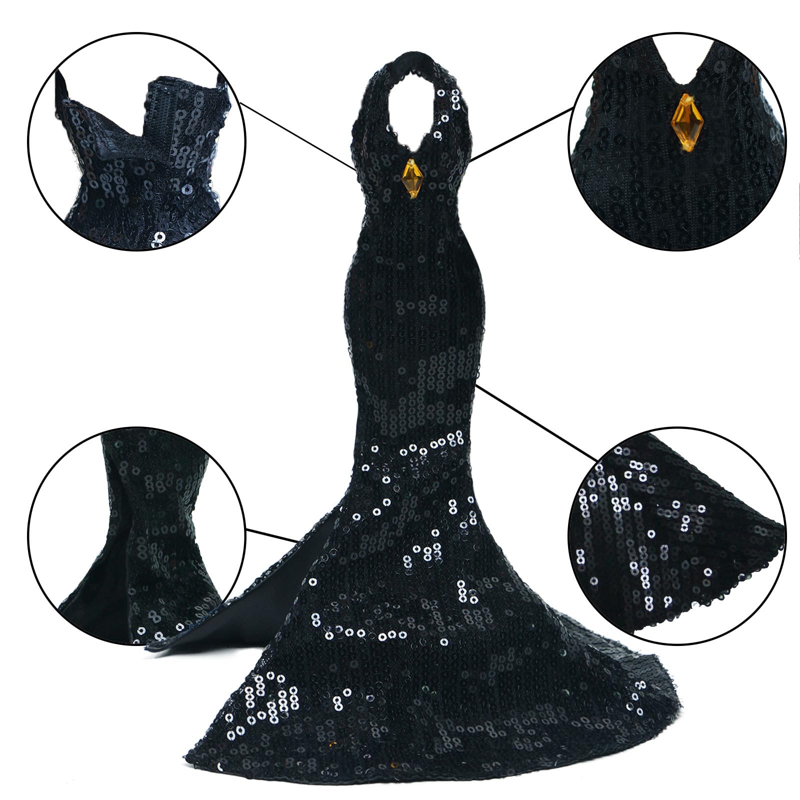 3-Piece Black Doll Wedding Dresses for 11.5 Inch Dolls - Handmade Sequins Gown, Off-Shoulder Dress & Skirt Set by BJDBUS