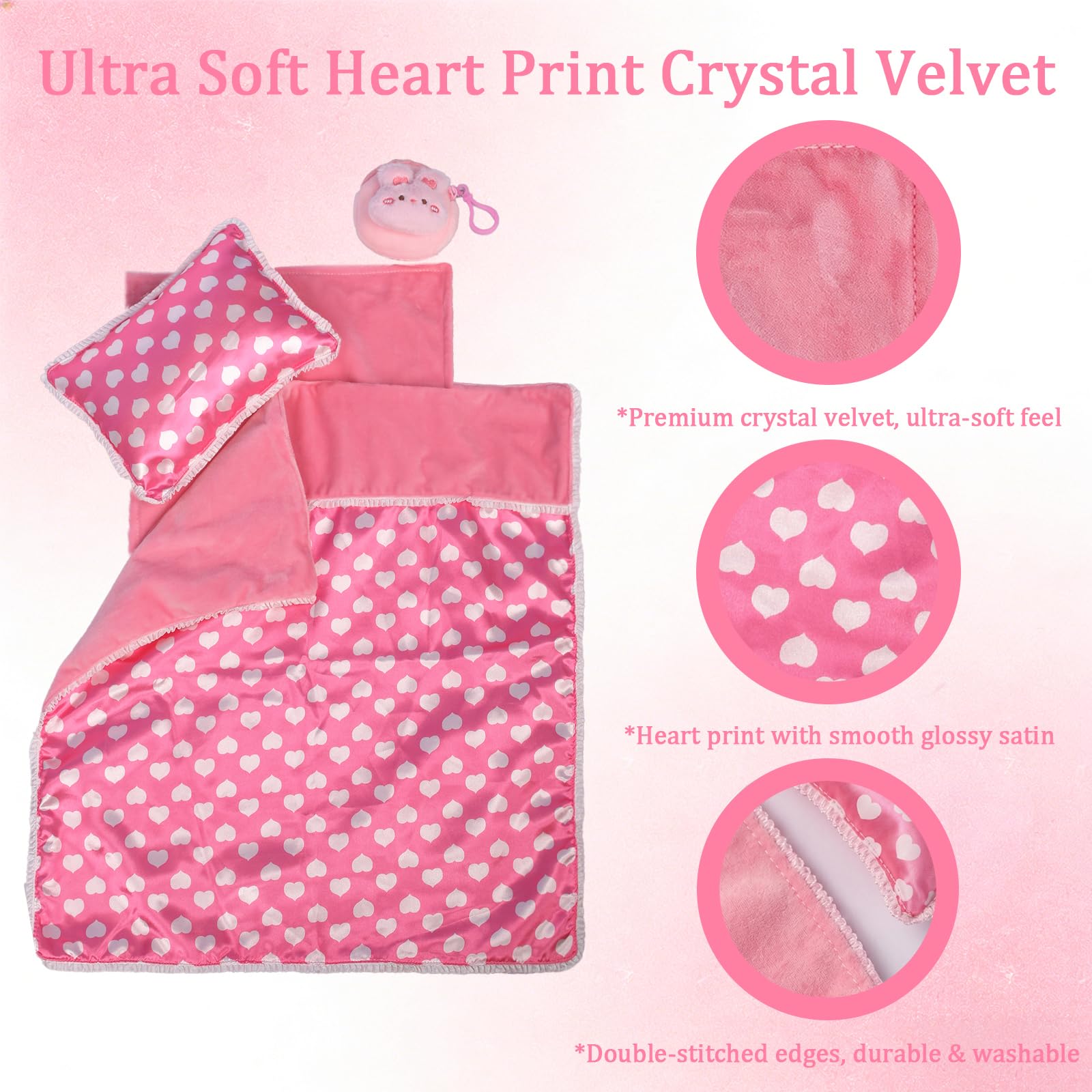3-Piece Doll Bedding Set with Blanket, Pillow, Mattress & Rabbit Wallet – Fits 16-18 Inch Dolls