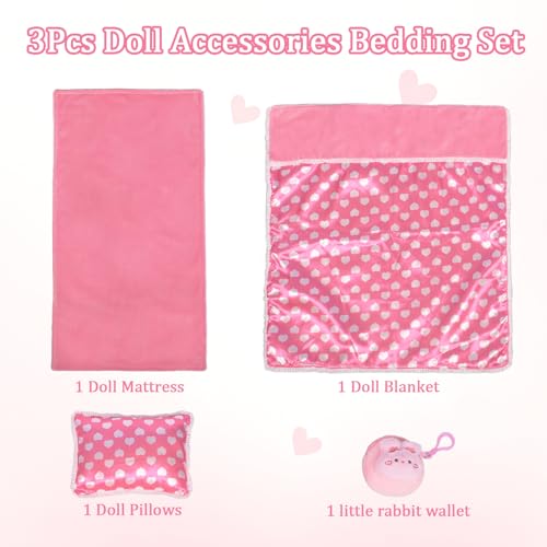 3-Piece Doll Bedding Set with Blanket, Pillow, Mattress & Rabbit Wallet – Fits 16-18 Inch Dolls